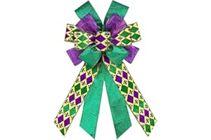 HEUREPPY Mardi Gras Wreath Bows Mardi Gras Glitter Diamond Check Burlap Ribbon Decor Bows for Wreath, Mardi Gras Tree Topper Bows for Lundi Gras Party Fat Tuesday Home Indoor Outdoor Decoration Wreath Ornament