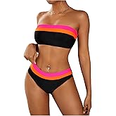SweatyRocks Women's Bandeau Bikini Sets Strapless Tube Top Color Block Mid Waist Bathing Suits Swimwear