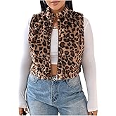 SHENHE Women's Plus Size Fuzzy Vest Y2K Leopard Print Zip Up Fleece Cropped Sherpa Vest Jacket