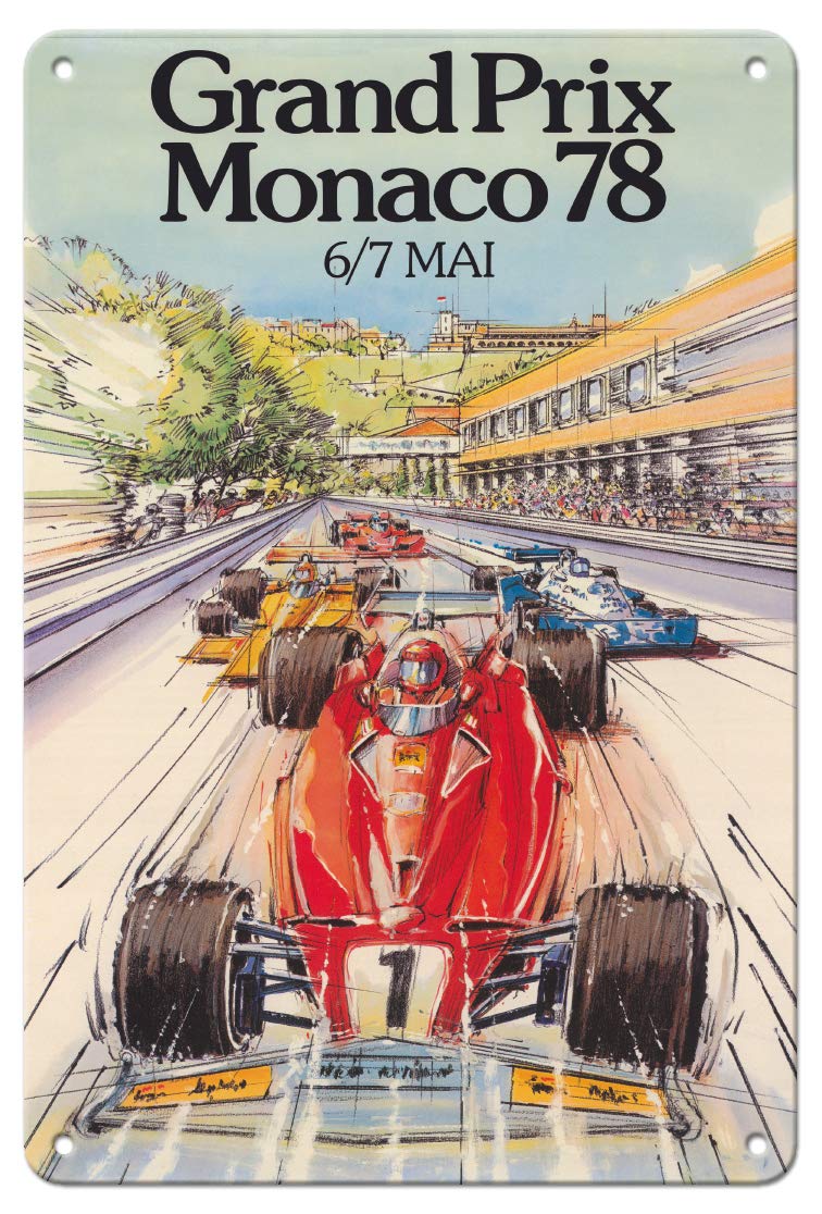 Pacifica Island Art Grand Prix Monaco 1978 - Formula One F1 - Vintage Car Racing Poster by Alain Giampaoli c.1978-8 x 12 inch Vintage Metal Tin Sign