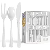 Party Solids White Plastic Silverware 300 Pcs White Cutlery Set | White Silverware Set With Plastic Forks, Spoons &amp; Knives Plastic Utensils &amp; Flatware Set for Parties &amp; Party Supplies