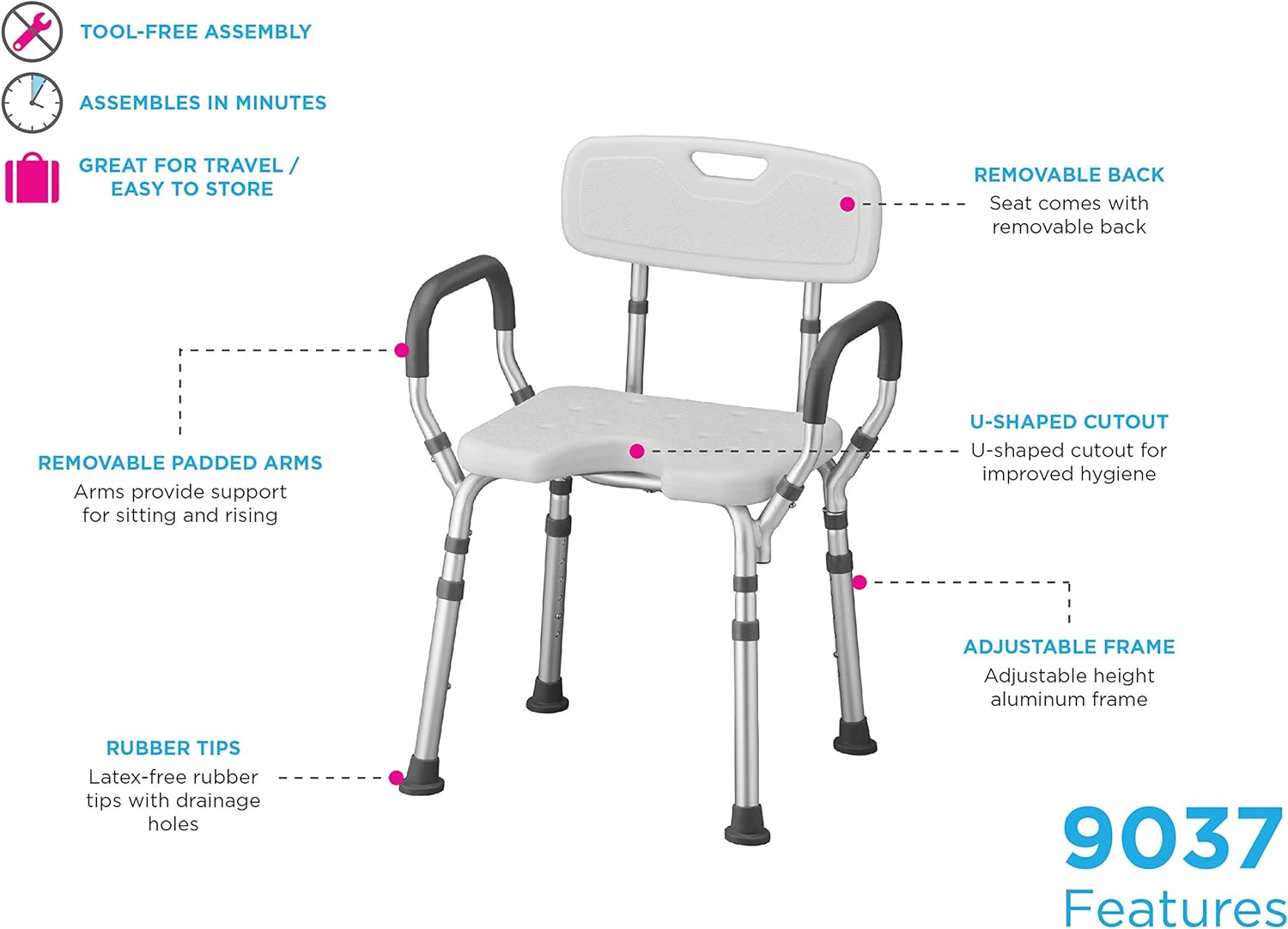 NOVA Shower & Bath Chair with Back & Arms & Hygienic Design, Quick & Easy Tools Free Assembly, Lightweight & Seat Height Adjustable, Great for Travel: Health & Personal Care