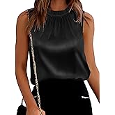 SimpleFun Womens Silk Satin Tank Tops Business Casual Ruffle Trim Mock Neck Sleeveless Summer Blouses Shirts