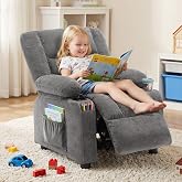 BOSMILLER Kids Recliner Chair， Push Back Toddler Recliner with Cup Holders &amp; Side Pockets， Adjustable Footrest &amp; Headrest Kids Sofa for Boys Girls 3+ Age Group