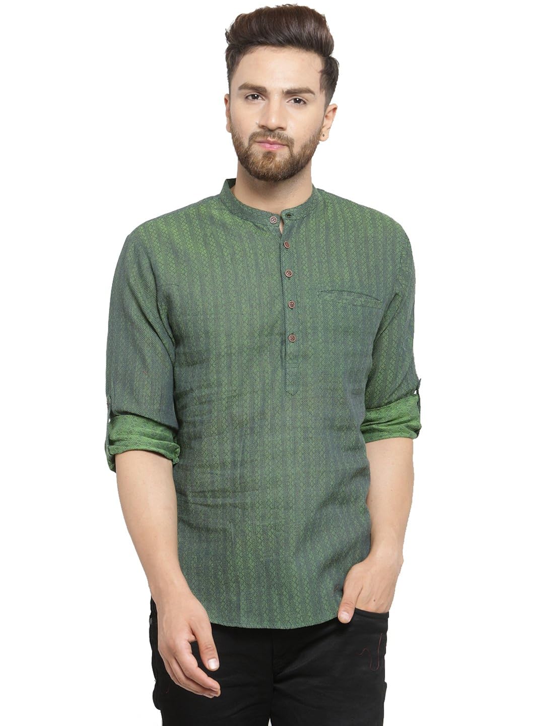 salwar studio men's cotton jacquard mehendi green colour roll-up short kurta(green_s-xxl size)