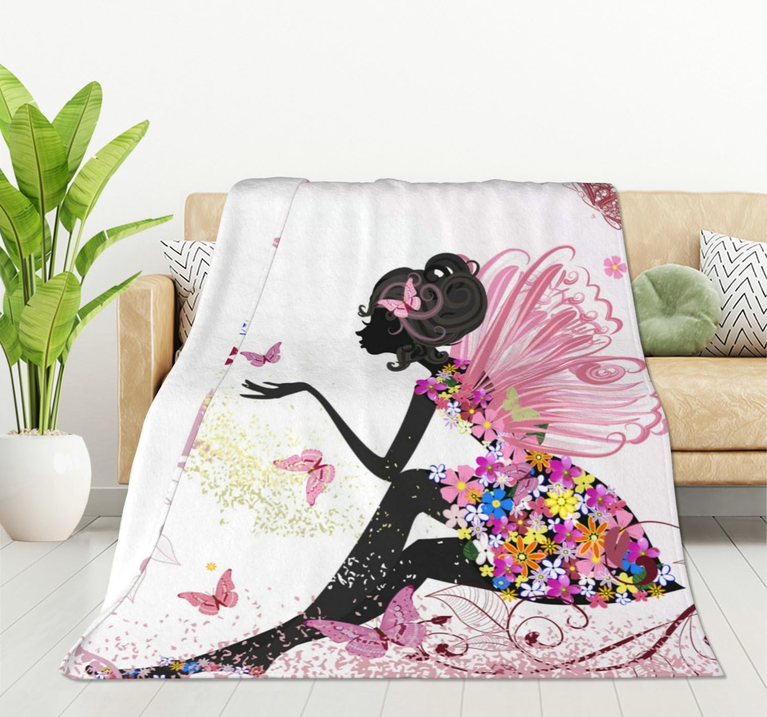 HGOD DESIGNS Butterfly Throw Blanket Cartoon Flower Fairy in the Environment of Butterflies Soft Blankets and Throws 100x130cm Caring for Women Men