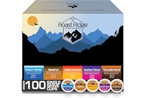 Roast Ridge Single Serve Coffee Pods for Keurig K-Cup Brewers, Variety Pack, 100 Count (20 each: Salted Caramel, Southern Pecan, Chocolate Mocha, Hazelnut, French Vanilla)