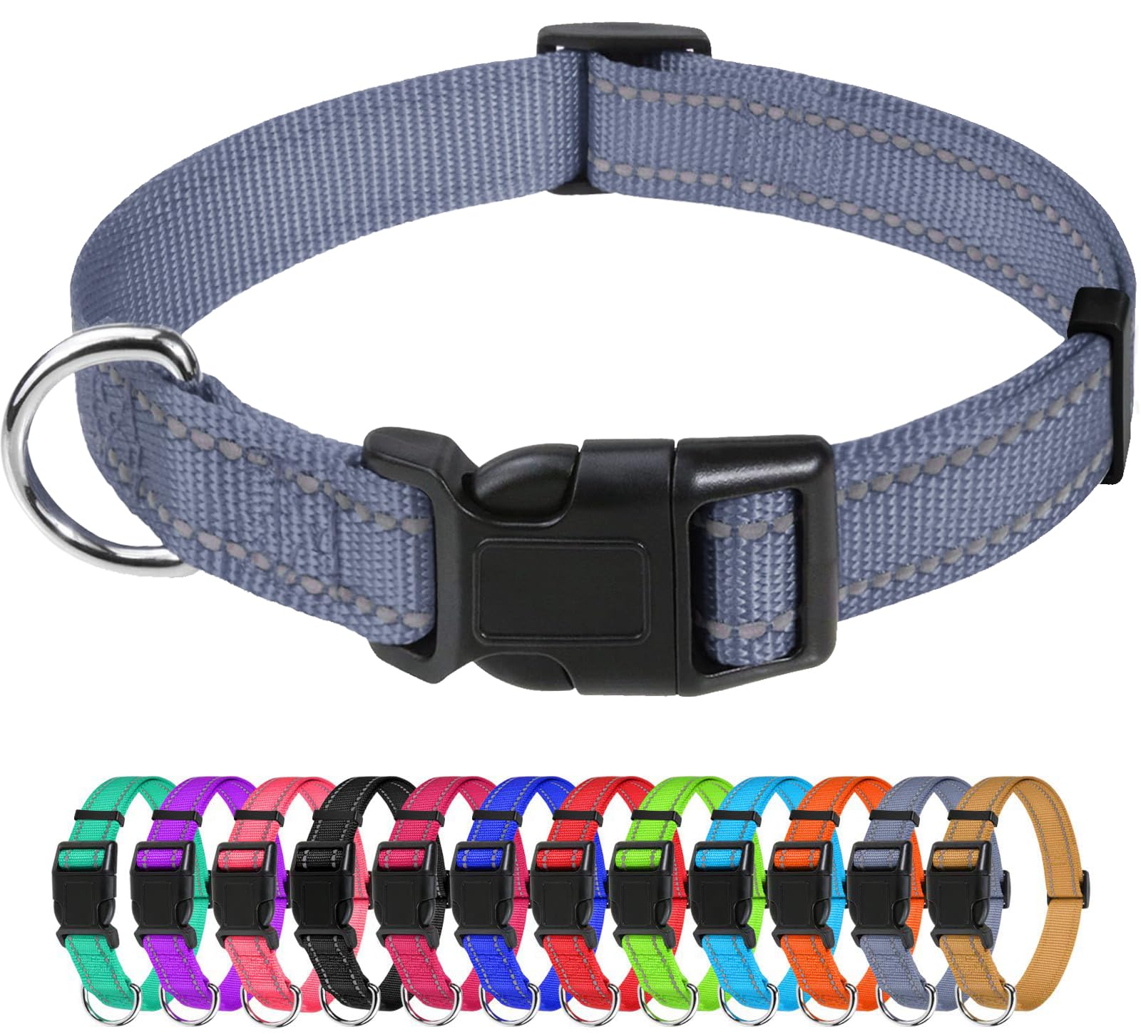 TagMe Reflective Nylon Dog Collars, Adjustable Classic Pet Collar with Quick Release Buckle for Small Dogs, Grey, 2.0 cm Width
