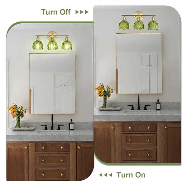 KVHIIW VINTAGE BATHROOM LIGHT FIXTURES,3-LIGHT HARDWIRED VANITY LIGHTS WITH GREEN TULIP GLASS SHADE,GOLD BATHROOM VANITY LIGHT FOR MIRROR RESTROOM,E26 SOCKET,18.5 IN(BULBS NOT INCLUDED)
