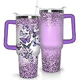 Thmasamwr Butterfly Tumbler With Lid, Straw and Handle - 40oz Stainless Steel Travel Coffee Mug Water Bottle - Gift Cups for Women and Girls