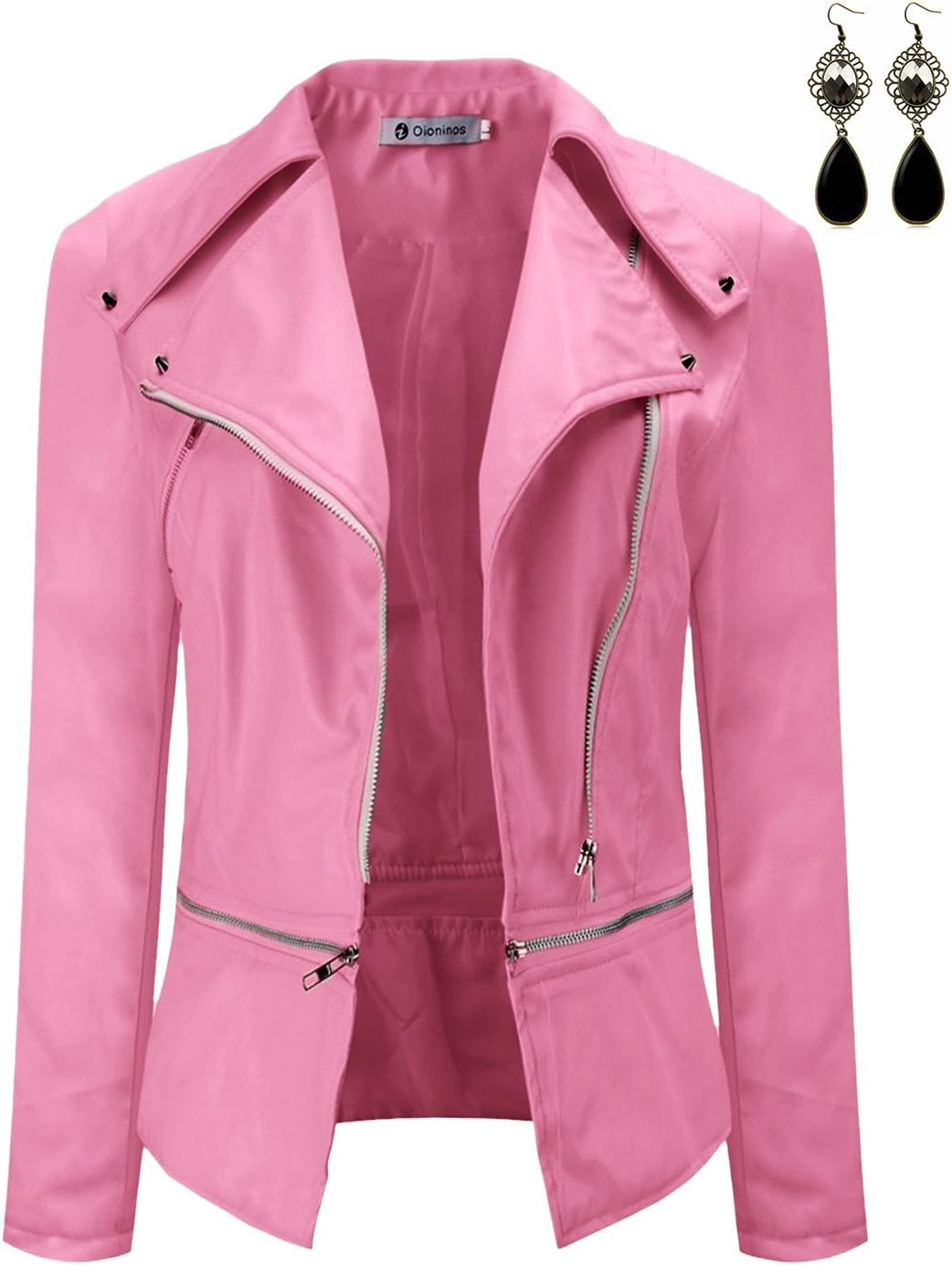 Oioninos Women Leather Jacket Slim Punk Bomber Casual Zipper Short Coat
