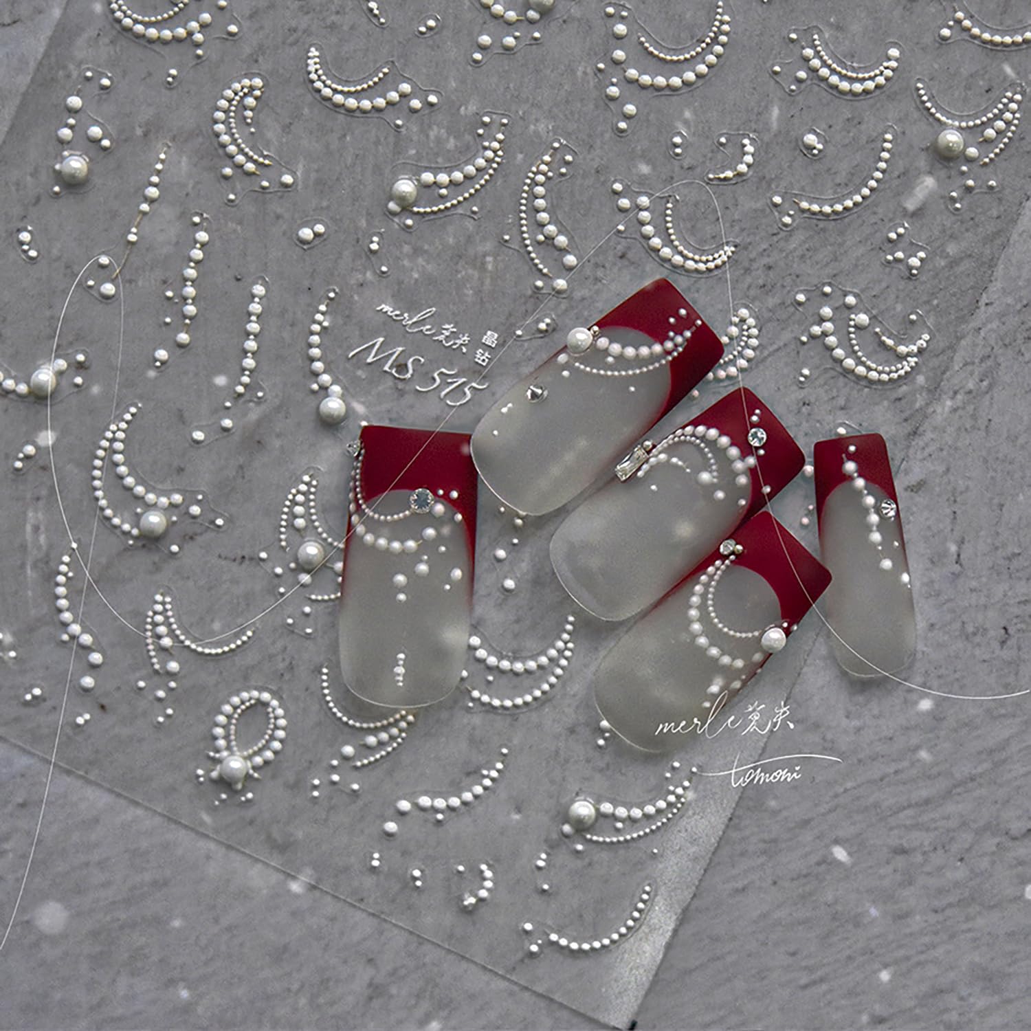 Photo 1 of White Pearl Chain Nail Art Stickers Decals 5D Embossed Nail Stickers with Crystal Diamond Vintage Caviars Chains Design Nail Decals Self Adhesive Pearl Stripes for Women Nail Art Supplies