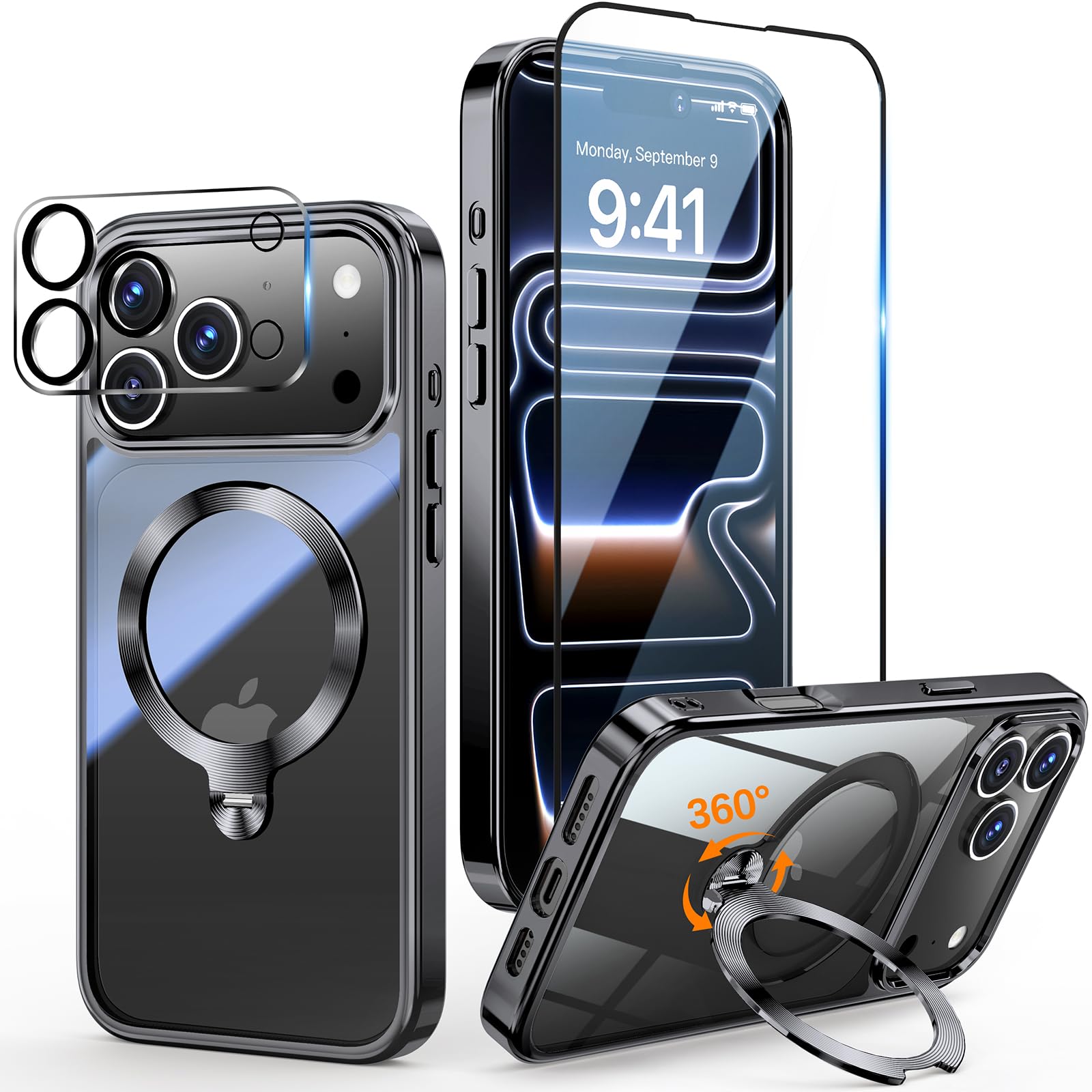 Photo 1 of [Tri-Shield Protection] for iPhone 17 Pro Max Case with 360° Spin Stand Compatible with MagSafe [Magnetic CD Ring][Screen & Camera Lens Protector] Shockproof Plating Never-Yellowing, Black-6.9"