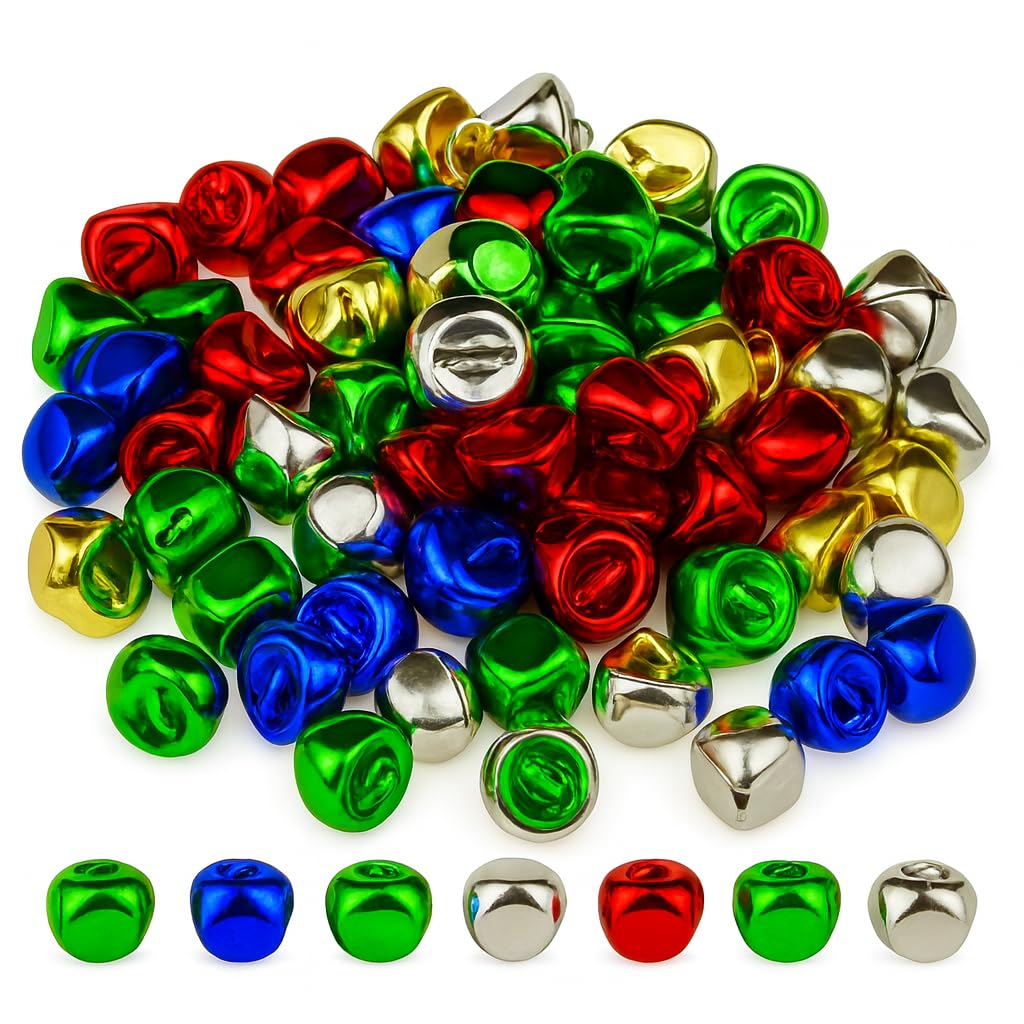 Jingle Bells for Crafts – 80 Small Christmas Craft Bells | 15mm Mini Metallic Crafting Embellishments in 5 Colours for DIY