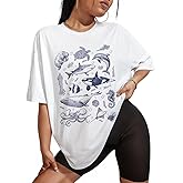 Flafens Oversized Tshirts for Women - T Shirt Graphic Tees Loose Crewneck Pattern Sleeve Cute Print Fashion Summer Tops