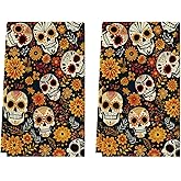 Artoid Mode Yellow Flower Sugar Skull Day of The Dead Kitchen Towels Dish Towels, 18x26 Inch Farmhouse Halloween Mexican Decor Hand Towels Set of 2