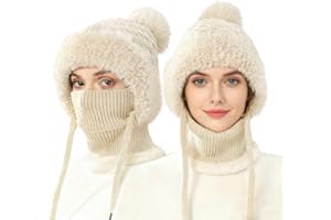 Feelorna Beanie Hat for Women, 3 in 1 Winter Hat Scarf Mask Set with Pompom, Windproof Plush Lined Knit Hats for Cold Weather