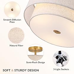 CALOKES 16" Double Drum Gold 3-Light Semi Flush