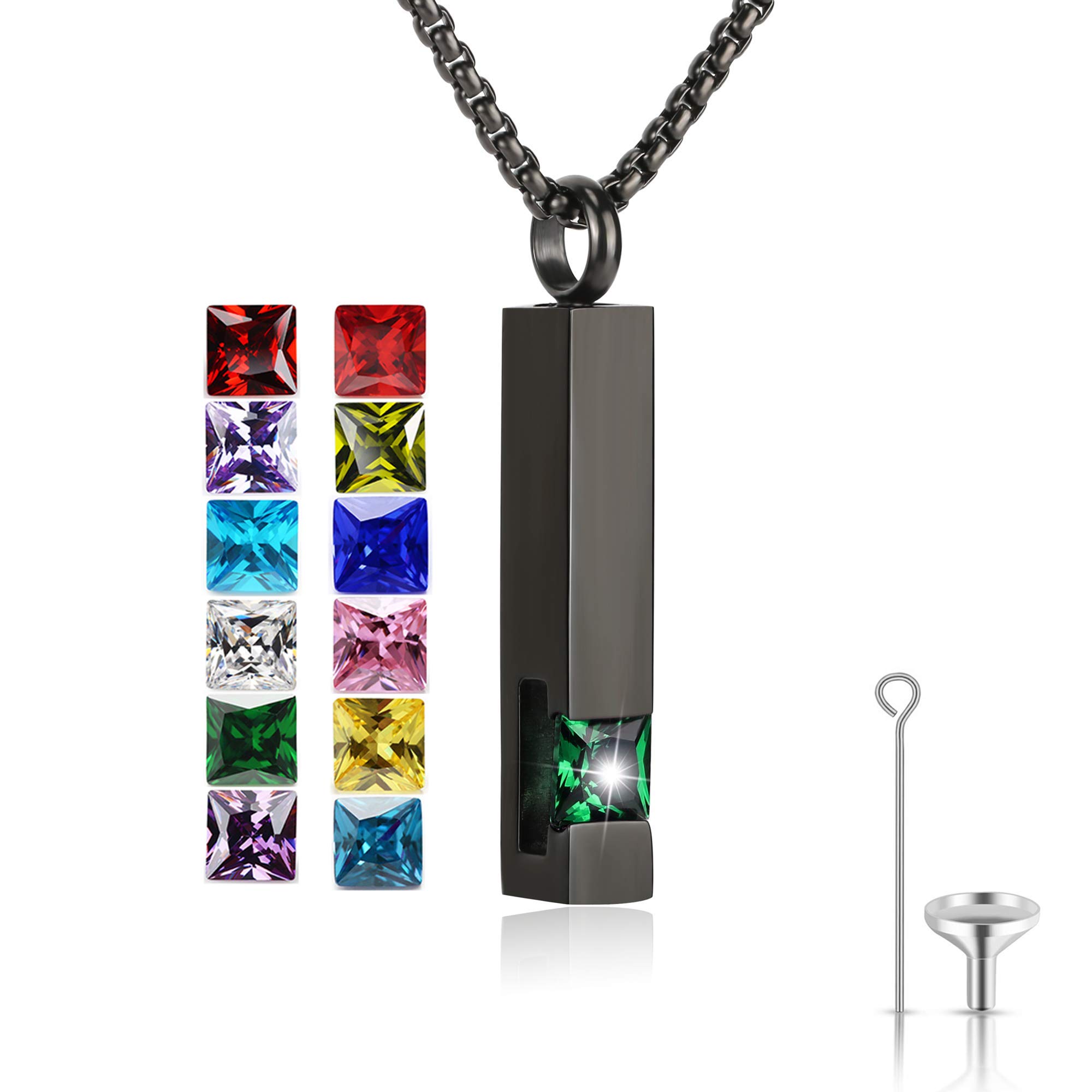 Birthstone Cuboid Locket Urn Necklaces for Ashes Cremation Jewellery Urns for Human Ashes Memorial Urn Keepsake Pendant