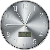 12Inch Silver Wall Clock with LCD Display for Perpetual Calendar and Temp | Quartz Analog, Non-Ticking Silent, Modern Design, Battery Operated, for Home, Bedroom, Kitchen, Office D&eacute;cor