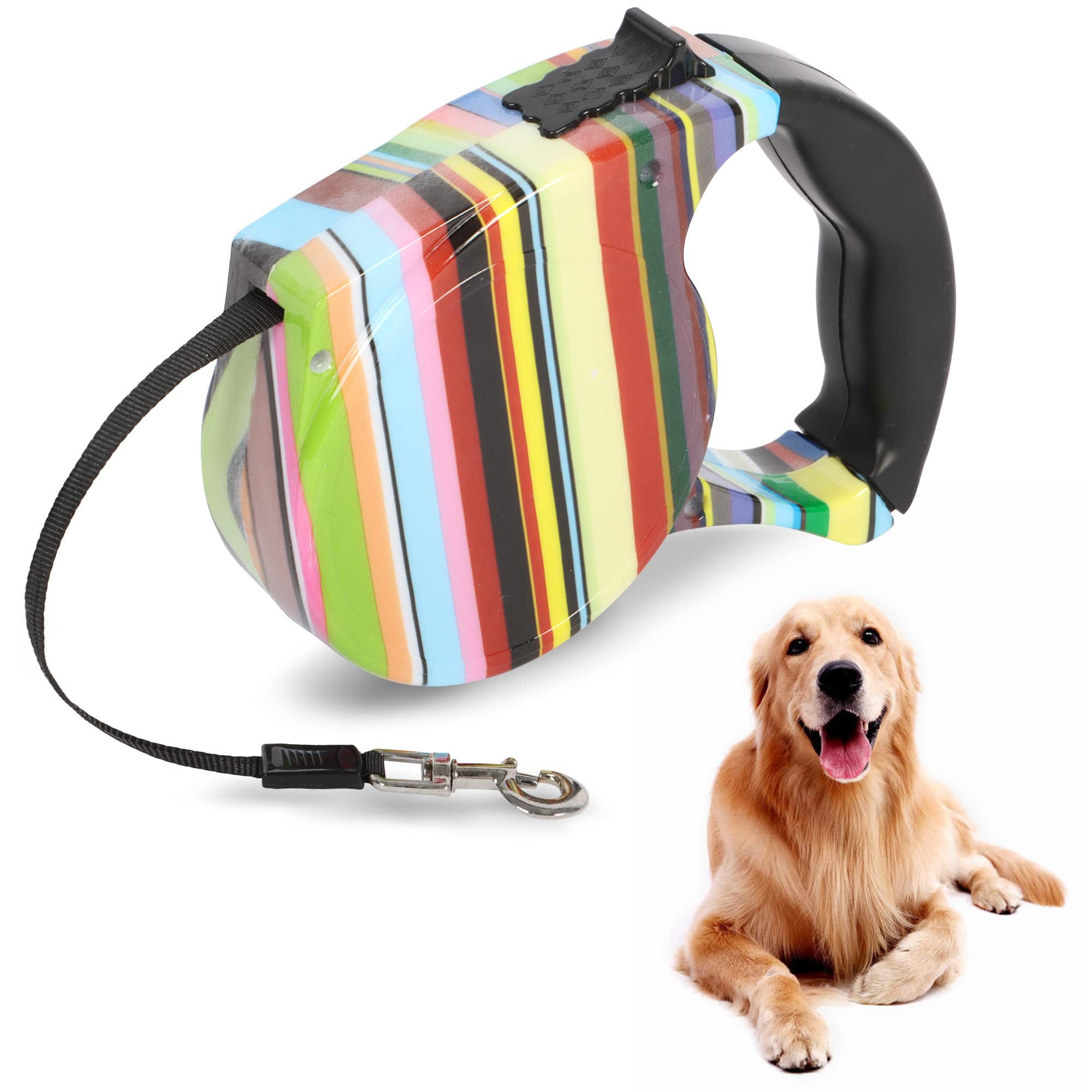 Beaface Retractable Dog Lead Extendable 16ft/5M, Perfect for Small & Medium Dogs Up to 25KG/55LB, Anti-Tangled Strong Nylon Tape (Colorful Striped)