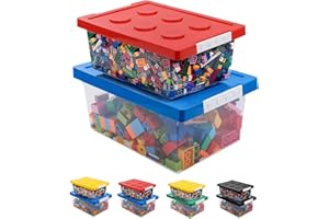 loobuu Plastic Storage Bins with Lids - Stackable Toy Storage Organizer Box Set of 2, Toy Chests with Compatible Building Baseplate and Lid, Storage Container for Building Bricks - Red+Blue