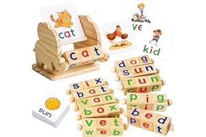 ShyLizard Montessori Learning and Educational Toys Gifts for Kids 3 4 5 Years, Wooden Reading Blocks Toys, Learning Activities for Preschool Kindergarten, Turning Rotating Matching Flash Card Games