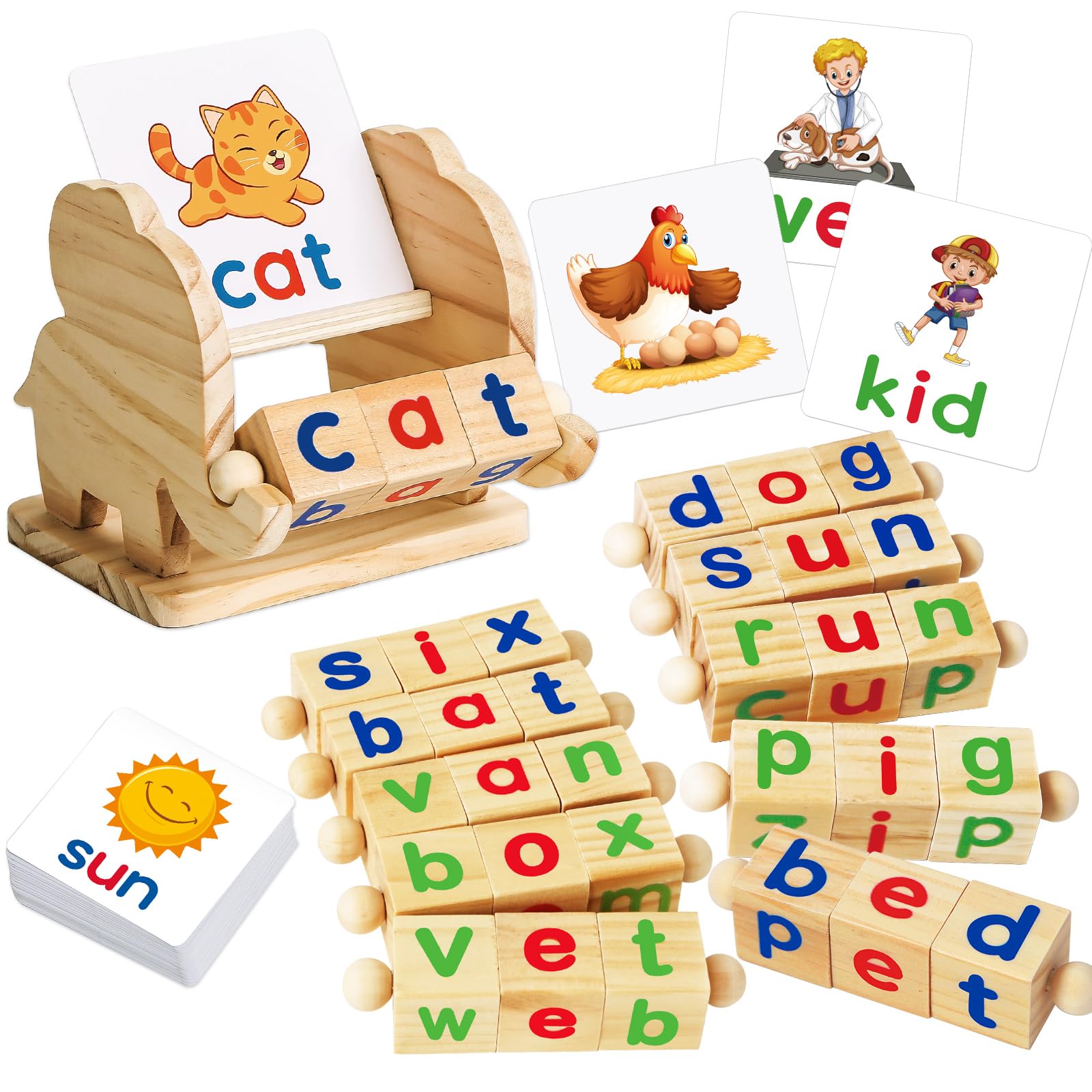 Photo 1 of ShyLizard Montessori Learning and Educational Toys Gifts for Kids 3 4 5 Years, Wooden Reading Blocks Toys, Learning Activities for Preschool Kindergarten, Turning Rotating Matching Flash Card Games