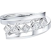 THELANDA Round and Princess Cut Genuine Moissanite or Simulated Diamond 8mm Wide Unisex Five Stones Split Twisted Bezel Set Wedding Band Ring