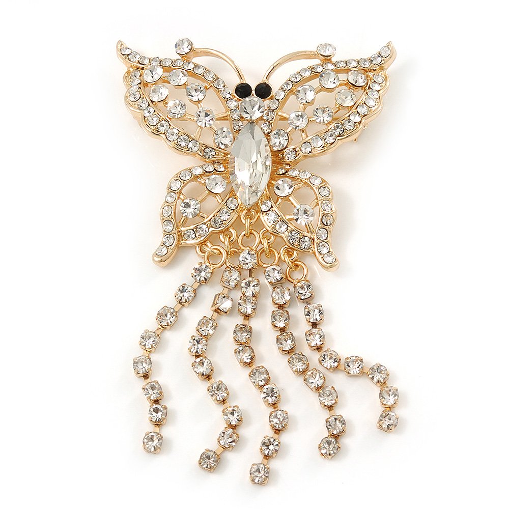 Gold Plated Clear Diamante Butterfly With Dangling Tail Brooch - 8.5cm Length