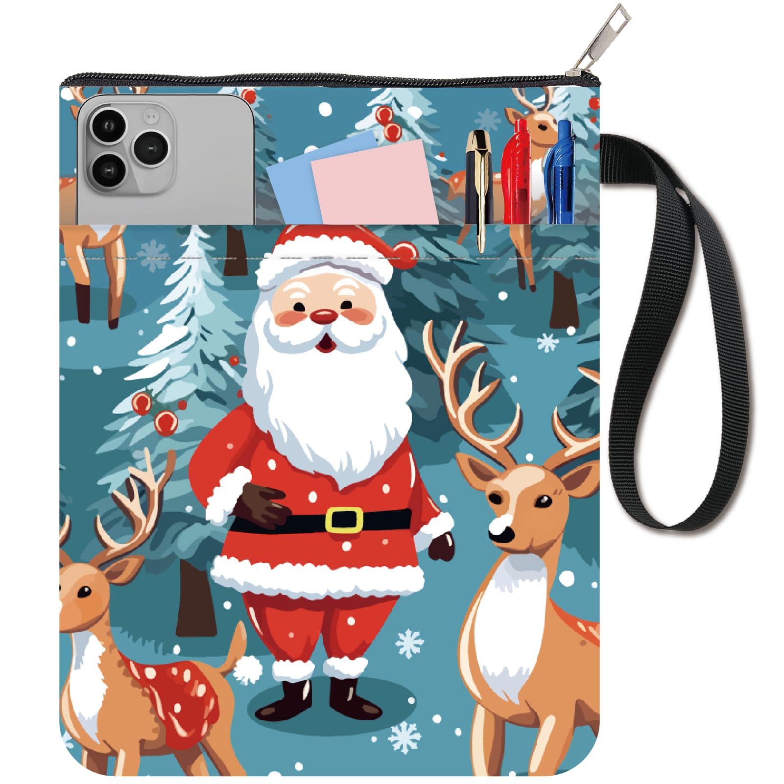 CRASPIRE Santa Claus Book Sleeve Christmas Book Covers Deer Book Protector for Paperbacks Washable Fabric Cloth Book Cover with Zipper and Extra Sleeve Pocket for Book Lovers Classmate Xmas Gifts