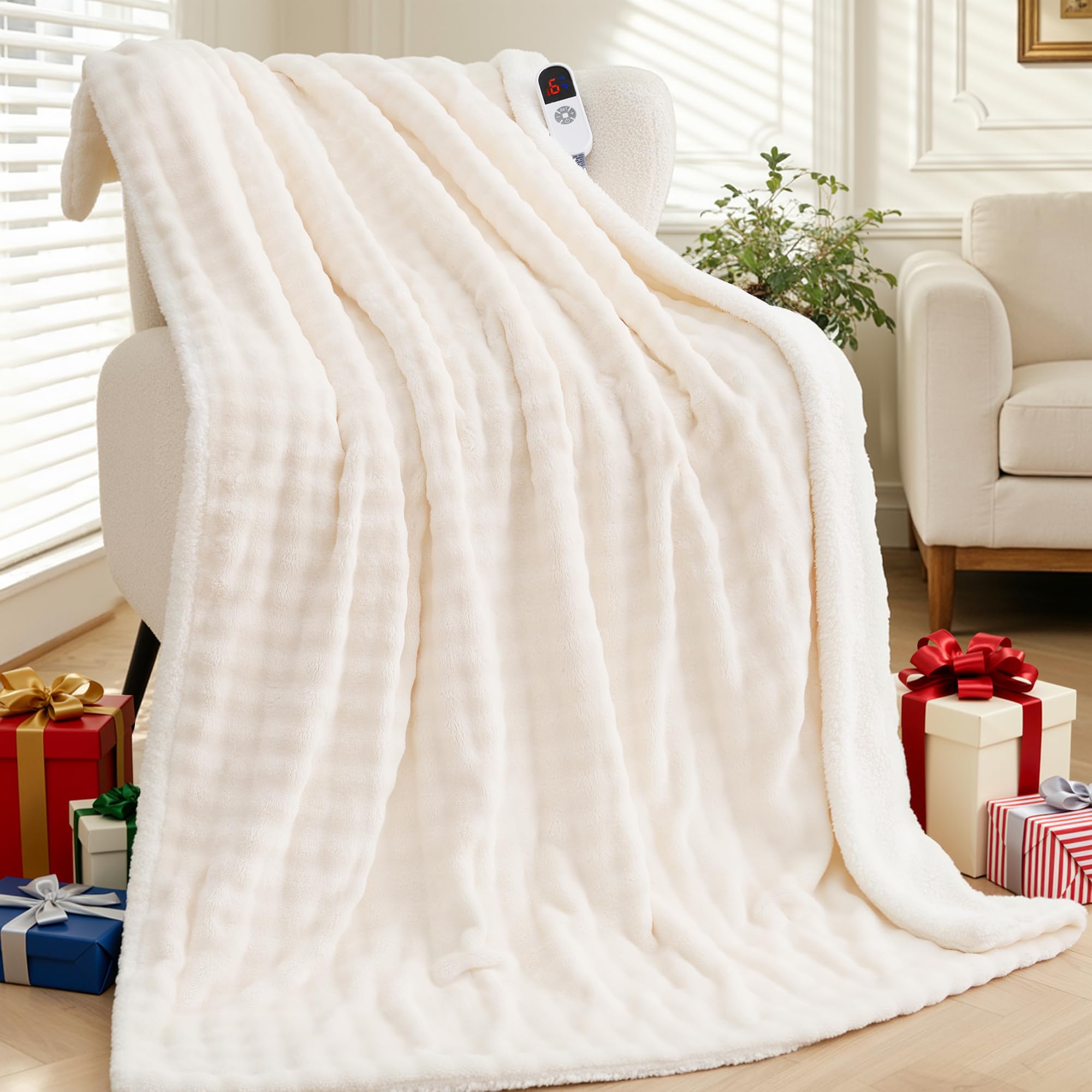 Photo 1 of Heated Throw Blanket 50"x72", Electric Blanket with 3D Bubble-Shaped, Soft Flannel and Thickened Sherpa Fleece, 6 Heat Settings, 1-4H Timer, Couch Heated Blanket, Machine Washable, Gift, White