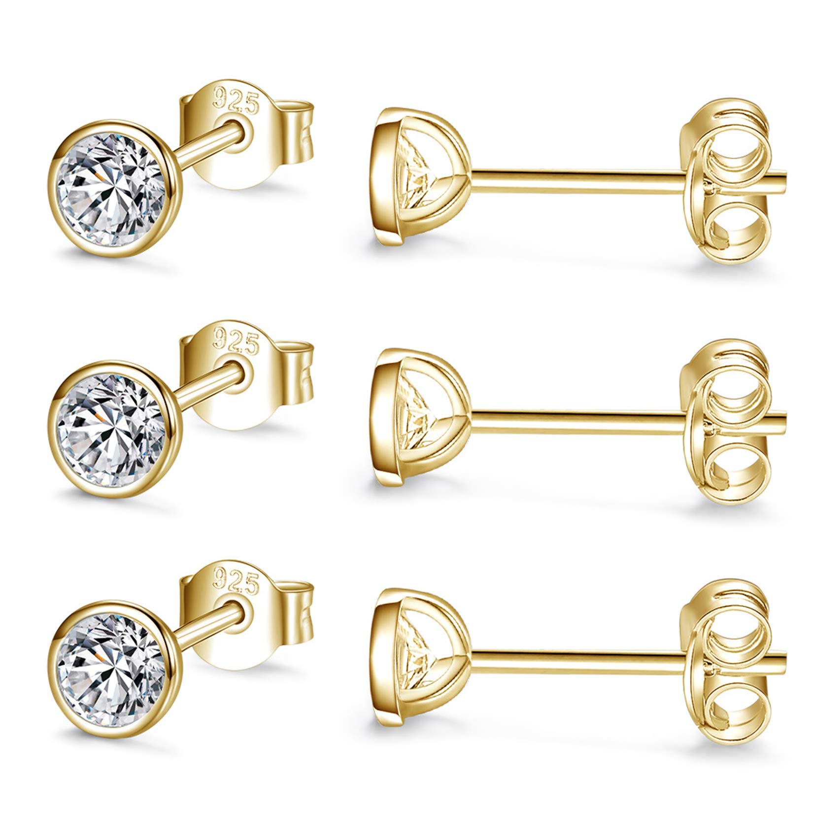 CERSLIMO Silver Stud Earrings for Women Men Girls, 3 Pairs Sterling Silver Tiny Round Stud Earrings Small Dainty Cartilage Tragus Cubic Zirconia Earrings Set (4mm, Gold)