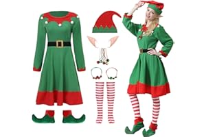 JLFMYD 13Pcs Women Christmas Elf Costume Set,Santa's Helper Costume,Green Christmas Elf Dress,Xmas Elf Party Cosplay