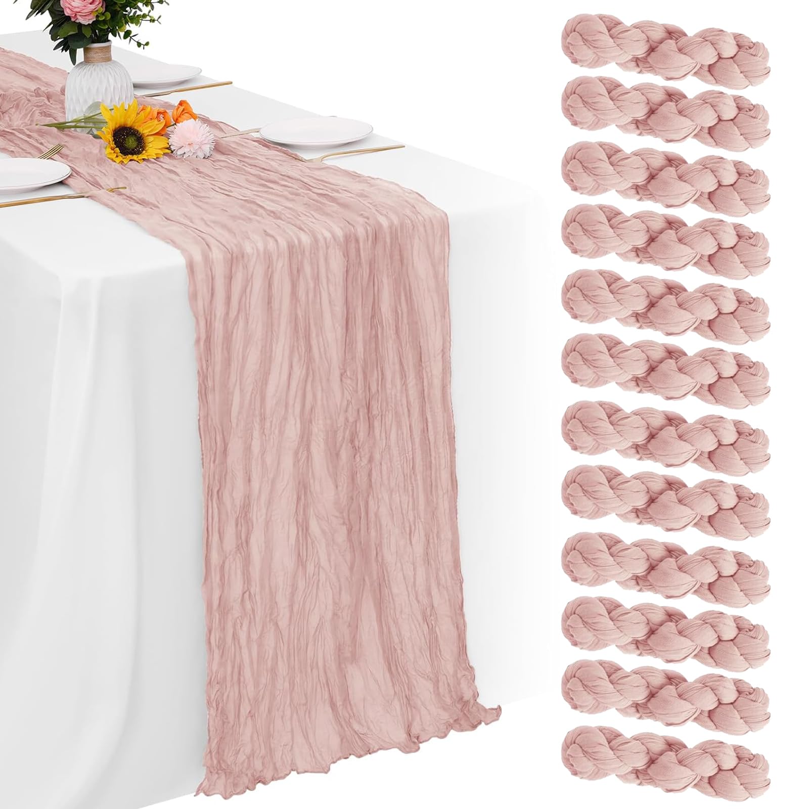 Photo 1 of 12 Pack Dusty Pink Cheesecloth Table Runner 35 x 120 Inch Boho Gauze Rustic Cheese Cloth Table Runner 10 FT Long Fabric Semi Sheer Table Runners for Romantic Wedding Birthday Party Table Decor
