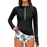 ADIFUN Girls Rash Guard Swimsuit Half-Zip Long Sleeve Modest Bathing Suit with Chest Padding 2Pcs Teen Girl Swimwear UPF 50+