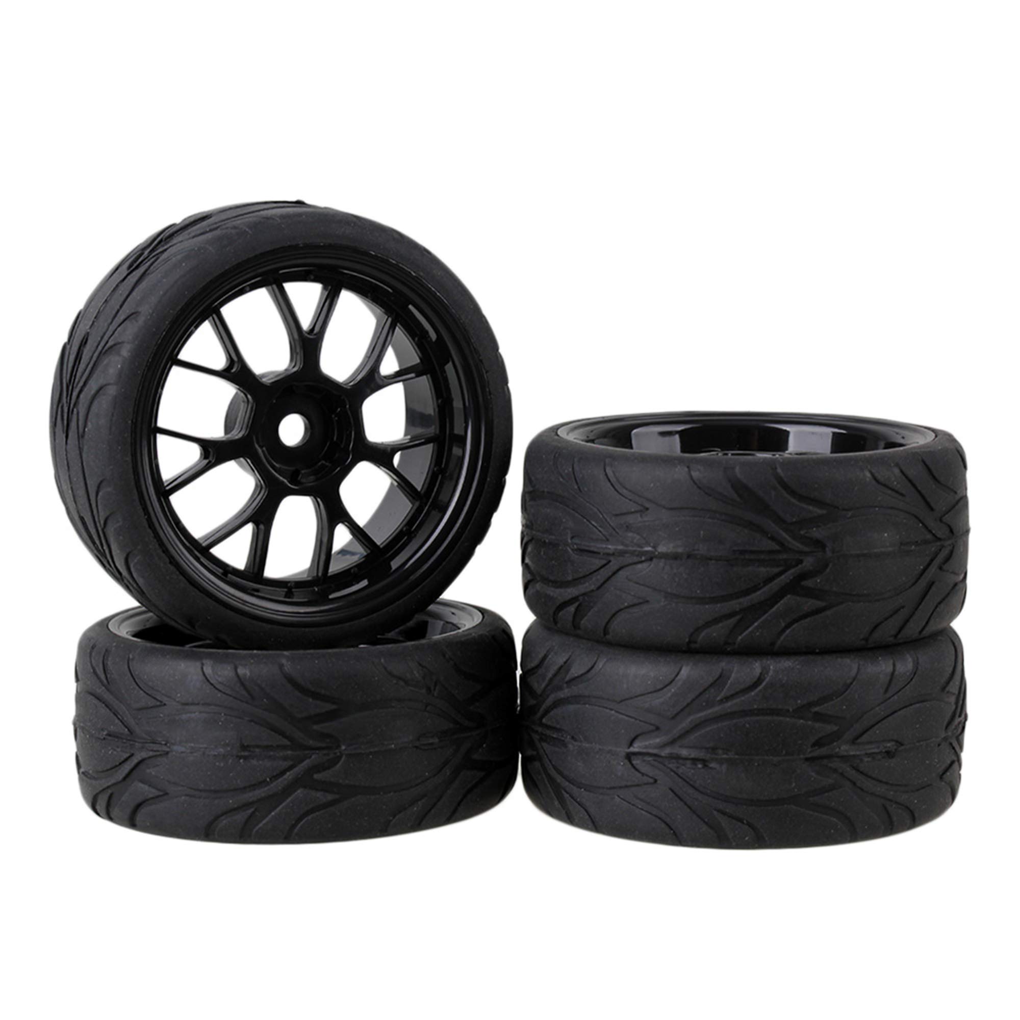 Black RC 1:10 On-road Car Fish Scale Pattern Rubber Tyre & Plastic Y Type Wheel Rim 12mm Drive Hex Pack of 4