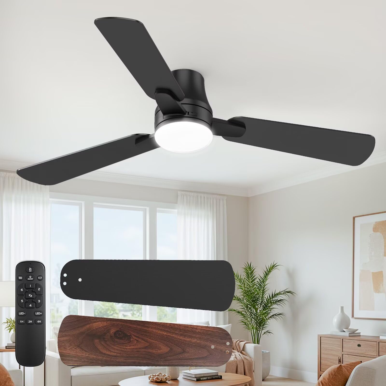 Photo 1 of OSTIVE Ceiling Fans with Lights and Remote: 42 Inch Modern Black Ceiling Fan, Low Profile Flush Mount, Quiet Reversible DC Motor & 3CCT Dimmable LED for Bedroom Living Room Kitchen Indoor Outdoor