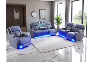 Anthato Power Recliner Sofa Set, Sanded Leather Reclining Sofa Set, Recliner Couch Loveseat and Chair with Cup Holders/Charging, 3PCS Living Room Set with Recliners for Home Theater/Office, Blue Grey