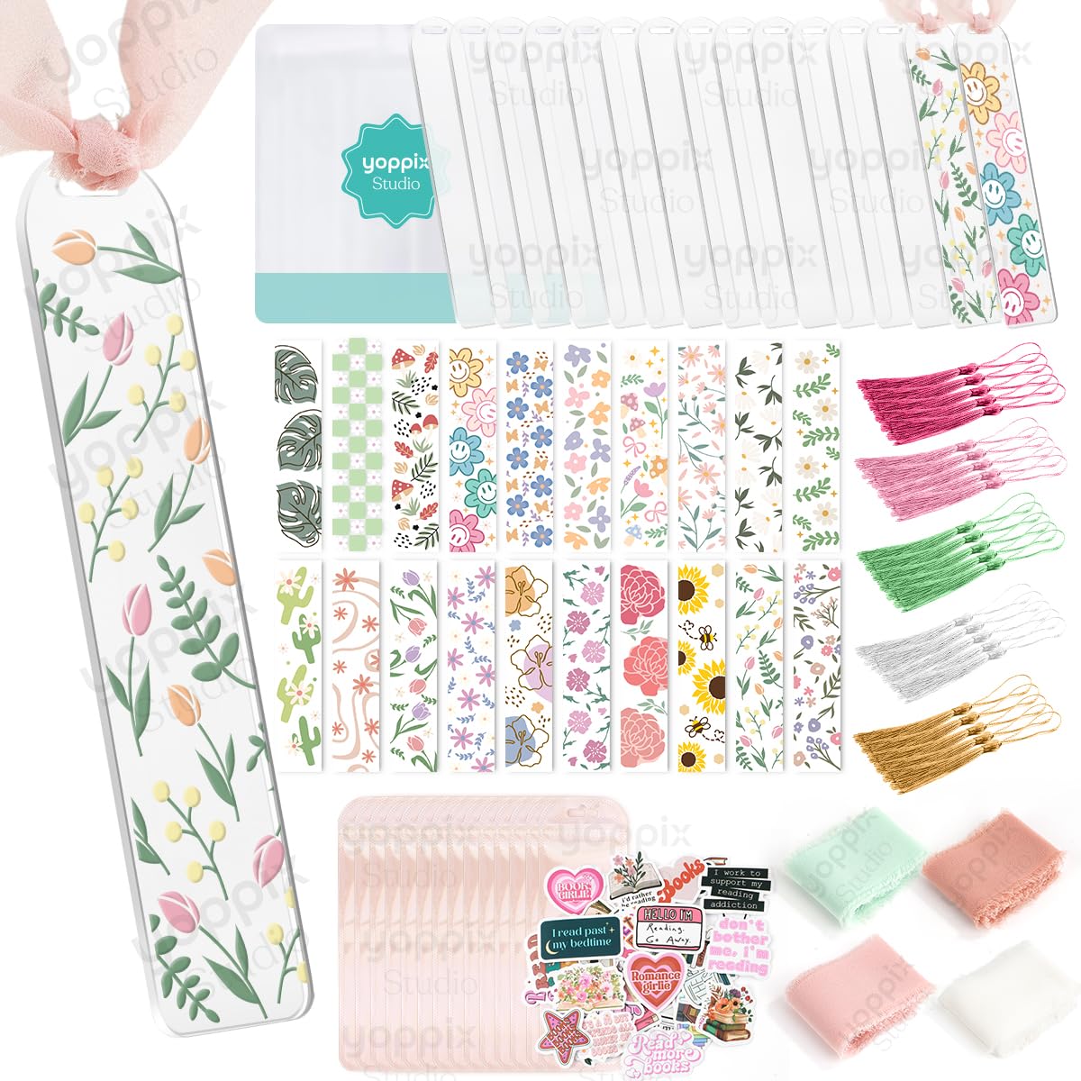 Photo 1 of 180 Pcs Acrylic Bookmark Blanks- 20 Set Bookmark Making Kit with 20 UV DTF Stickers About Floral Theme 20 Tassels 20 Ribbon 80 Bookish Stickers for DIY Your Crafts Gift for Book Lover