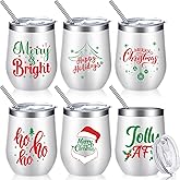Ziliny 6 Pieces Christmas Wine Tumbler 12 oz Xmas Insulated Stainless Steel Wine Cups with Lid and Straw Funny Coffee Mugs with Brush for Holiday Wedding Party Gifts(Classic Style)