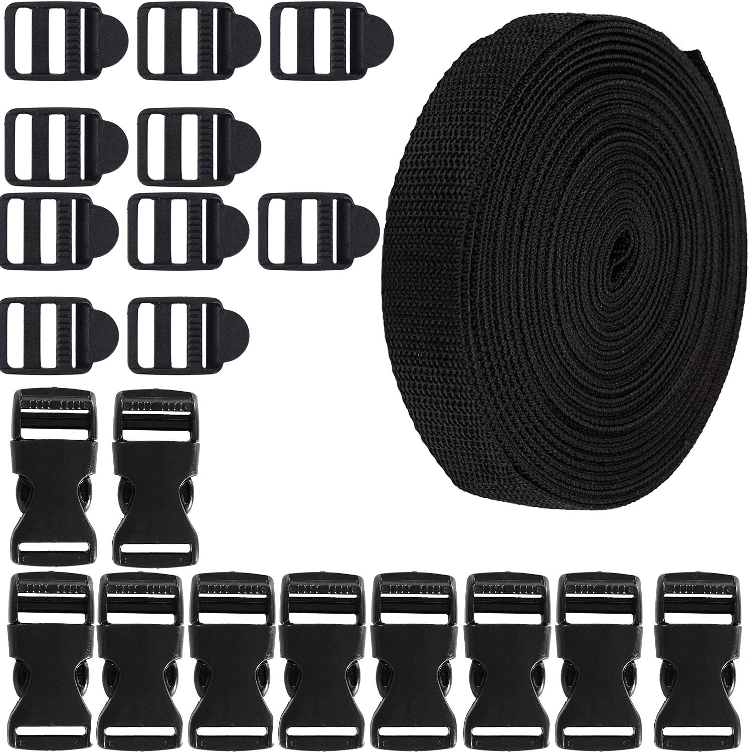 RUNCCI-YUN 20mm Quick Release Buckles and Black Nylon Webbing Strap for Bags Making, with 5m Webbing Strap,10 Flat Shape Buckles and Tri-Glide Slides for Making Luggage Strap, Pet Collar, Backpack