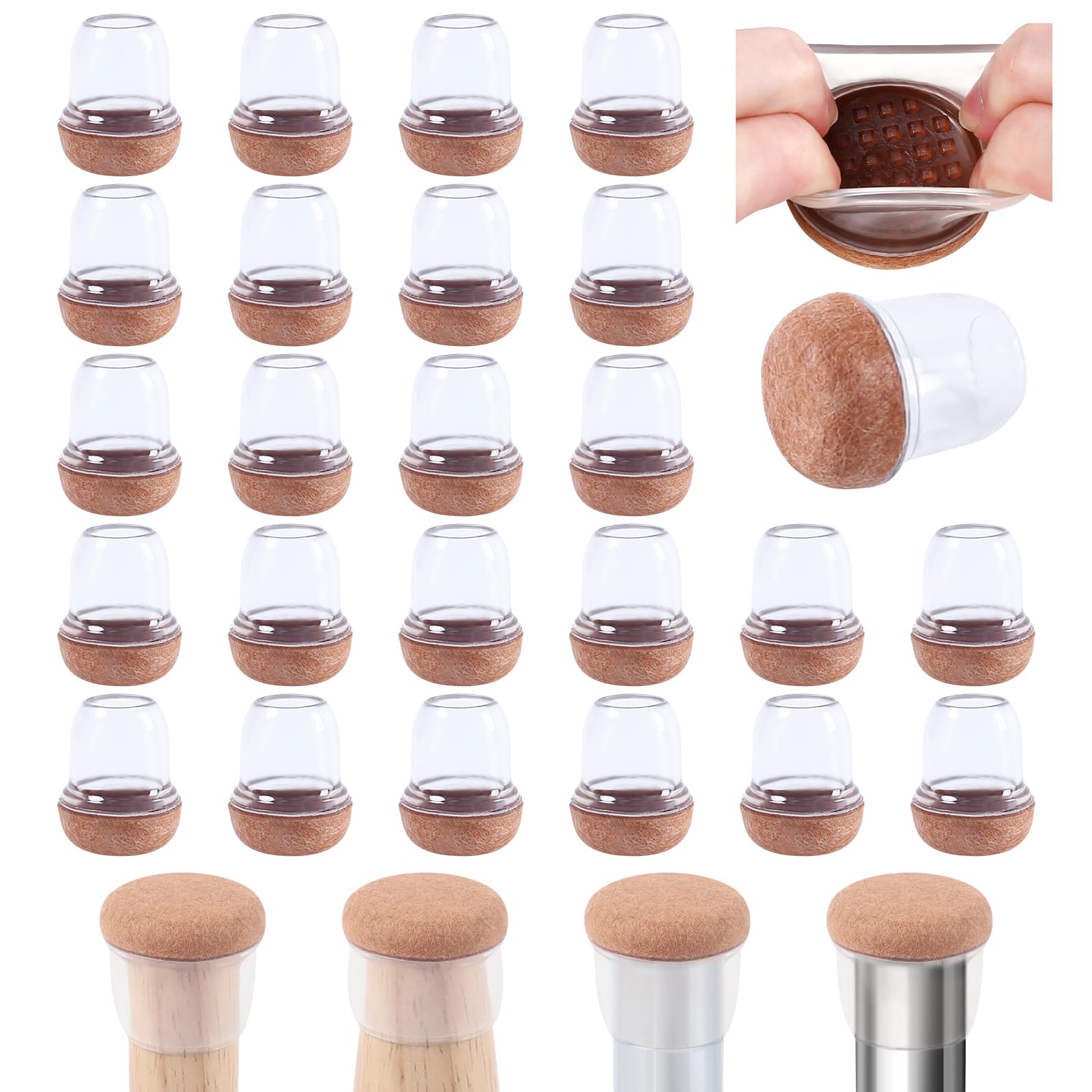 32 PCS Clear Silicone Chair Leg Floor Protectors, Furniture Cups Caps with Wrapped Felt, Chair Leg Silicone Covers Smooth Moving Chair Feet Protectors, No Scratches No Noise, (Round, 0.75")