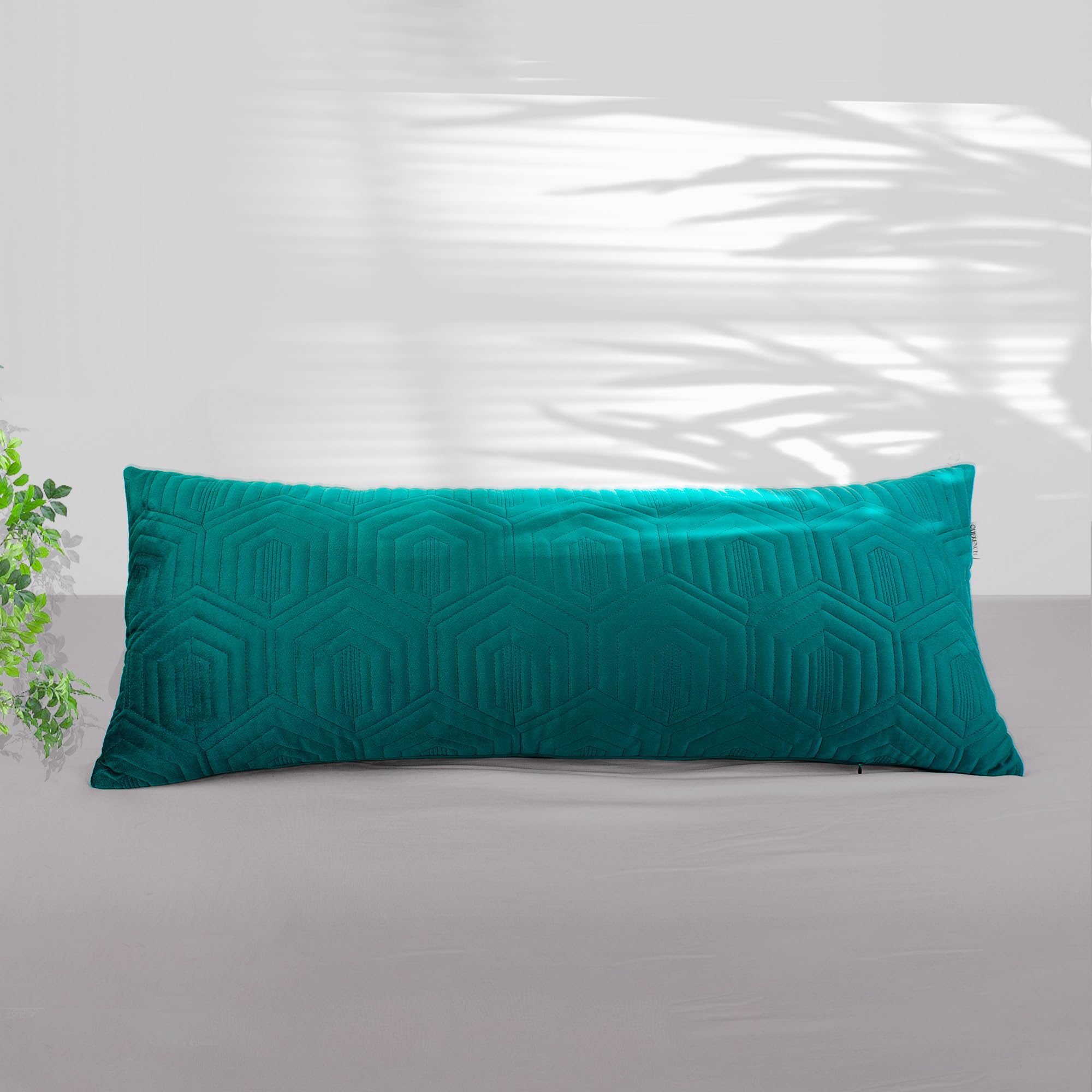 Photo 1 of Querencia Quilted 14x36 Pillow Cover - Velvet Decorative Pillow, Lumbar Extra Long Throw Pillow for Bed and Sofa, Geometric Stitching (Teal Green)