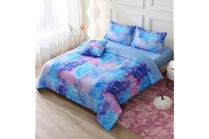 Keyroal Galaxy Constellation Print Comforter Set Twin Size Girls Gradient Bedding Set,6 Piece Bed in a Bag with Sheet Bedding Gift for Kids(Blue)