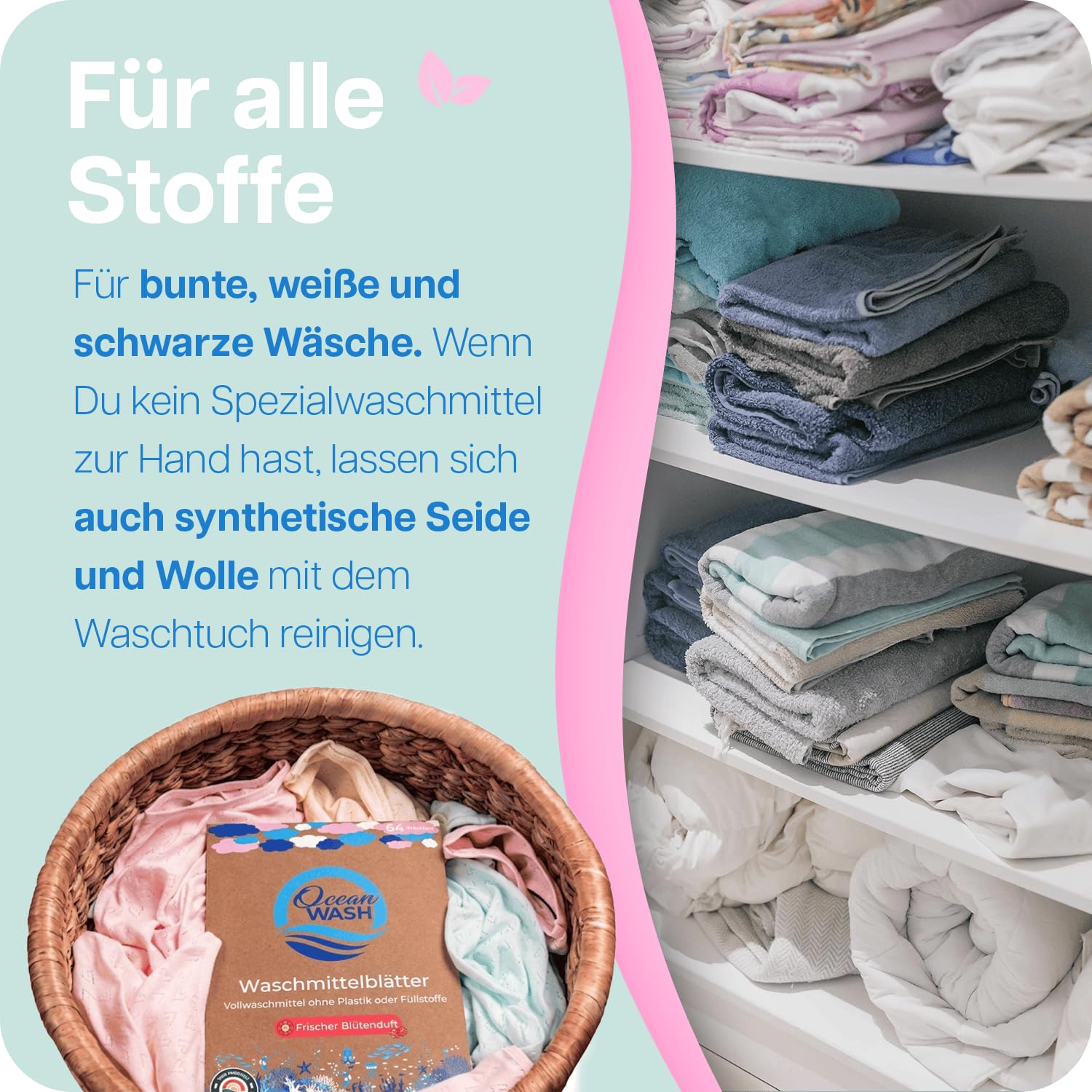OceanWash Waschmittelblätter Blütenduft, Waschblätter Waschmaschine für alle Textilien und Farben, Waschtücher biologisch abbaubar, Laundry Detergent Sheets Vollwaschmittel, 64 Wäschen 4