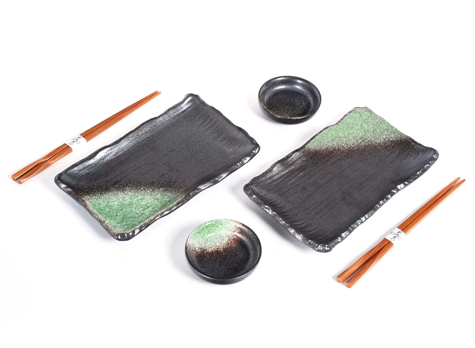 Hinomaru Collection 6 Piece Sushi Dinner Set Rectangular Sushi Plate Sauce Dish and Chopsticks Sushi Dinner Set for Two (Black Green)