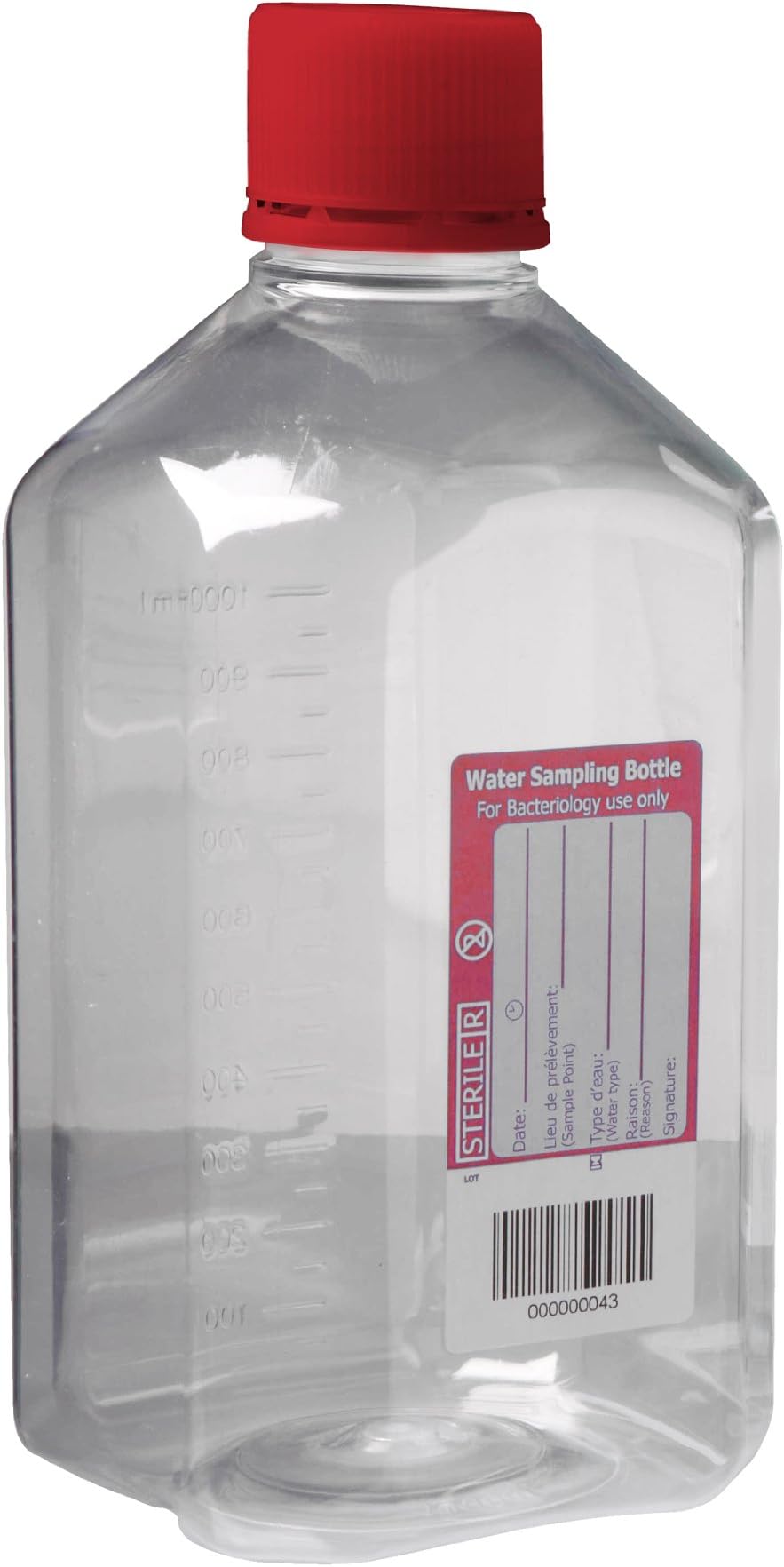 Gosselin P1000B-05 Polyethylene Terephthalate Octagonal PET Storage Bottle with 31mm Screw Cap, Sterile, 1L Capacity, Red Cap, 212mm H (Case of 48)