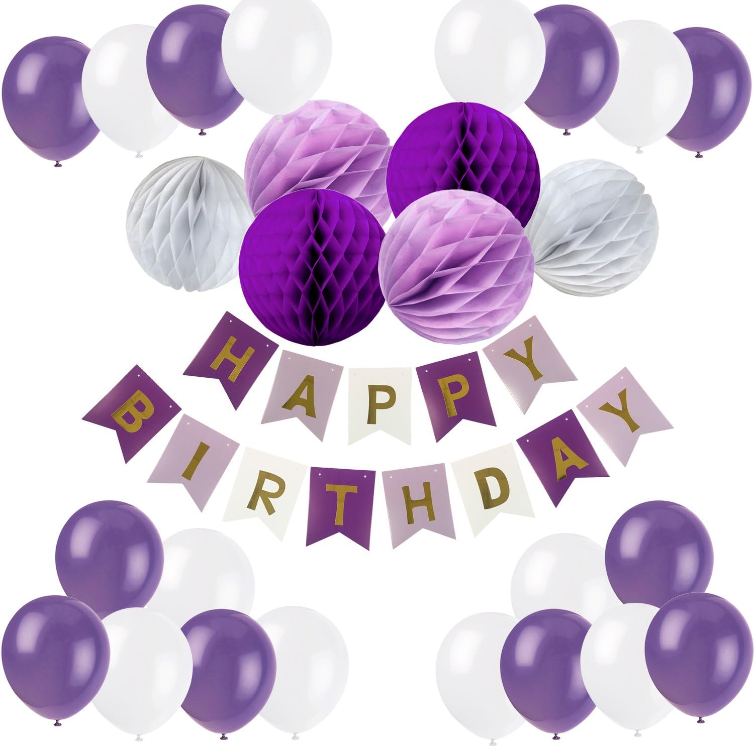 Recosis Happy Birthday Bunting Banner with 20 Pieces Latex Party Balloons and 6 Pieces Honeycomb Balls for Birthday Party Decorations (Purple)