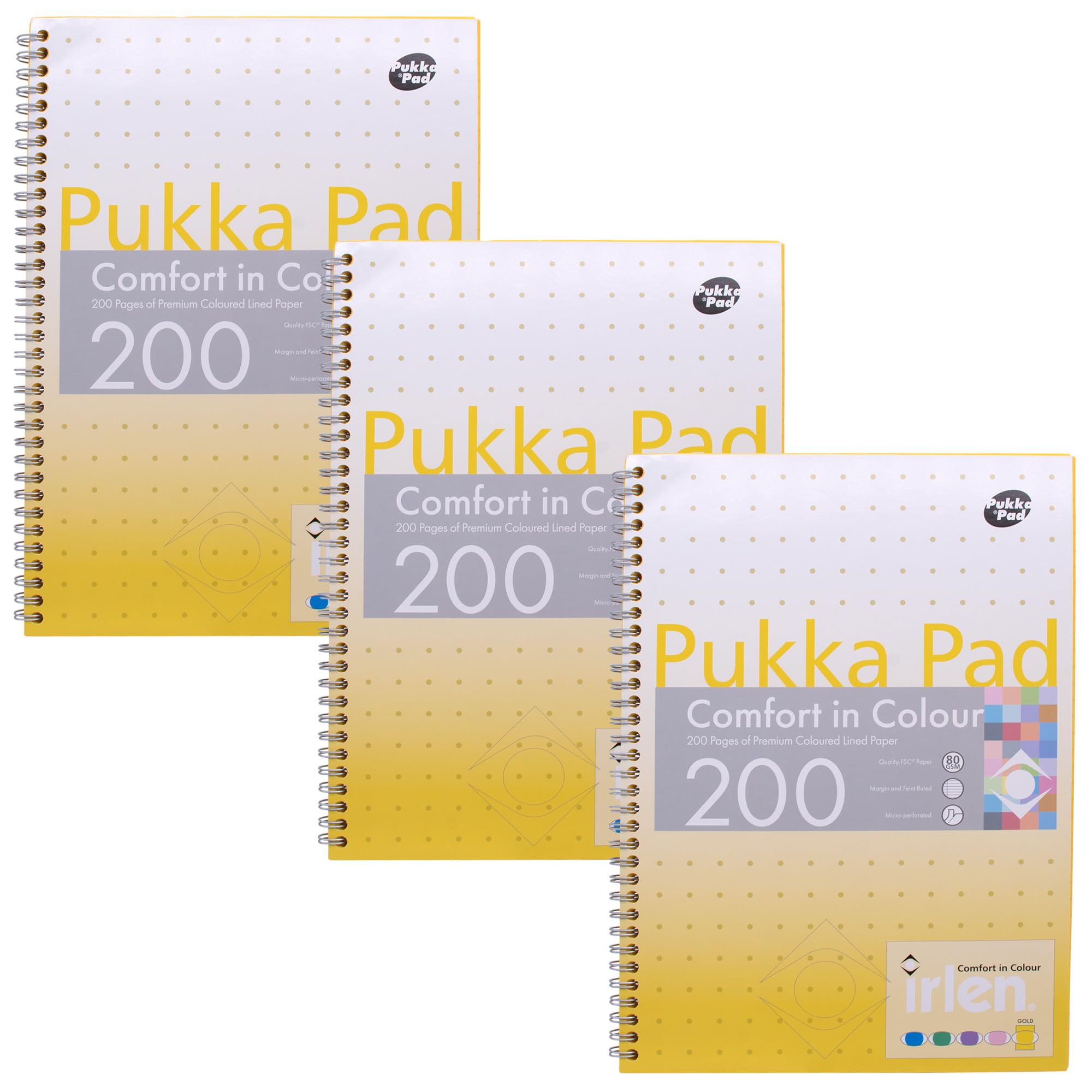 Pukka Pad, Irlen Jotta Pad A4 Notebook 3-Pack – Wire Bound Notepad 200 Pages of 80GSM Coloured FSC Certified Lined Paper – Designed for Visual Perception Difficulties – 29.7 x 23cm, Gold